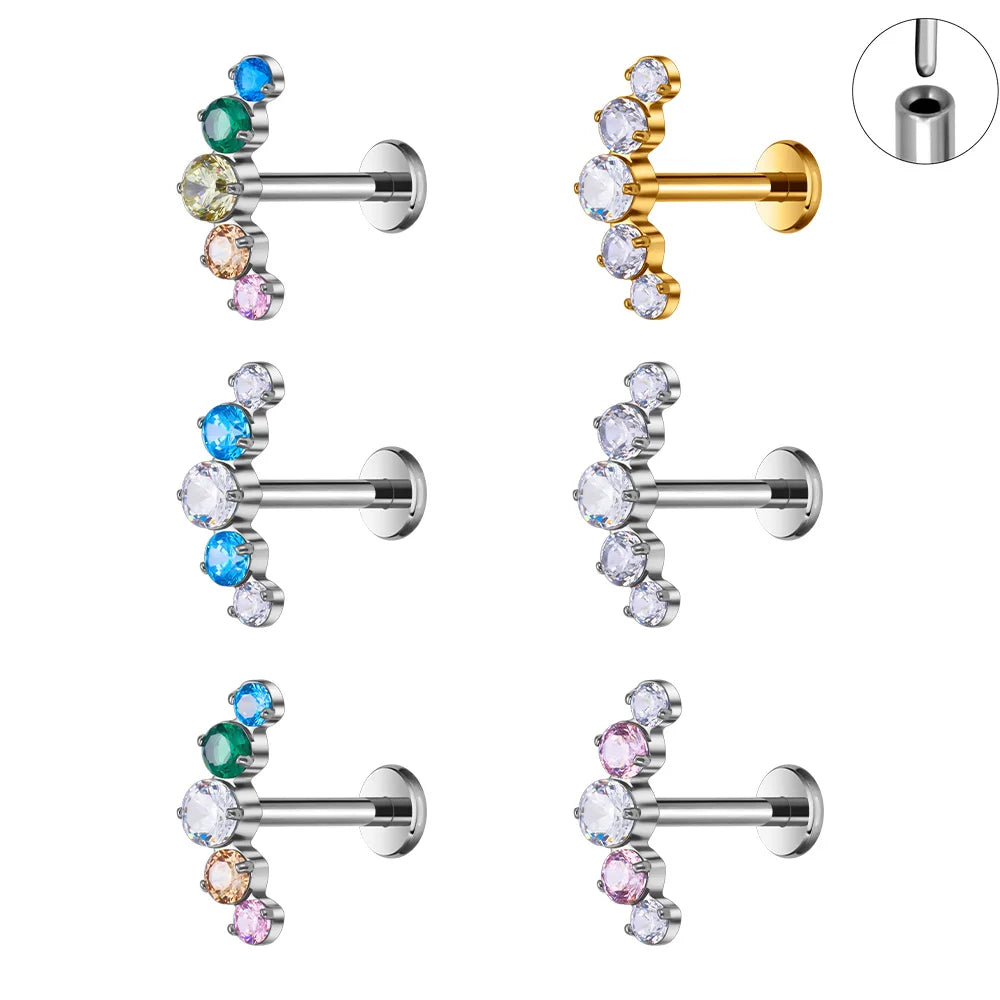 G23 Titanium Ear Tragus Earring Stud Internally Threaded CZ Crystal Labret Ring Cartilage Helix Piercing Body Jewelry 16G