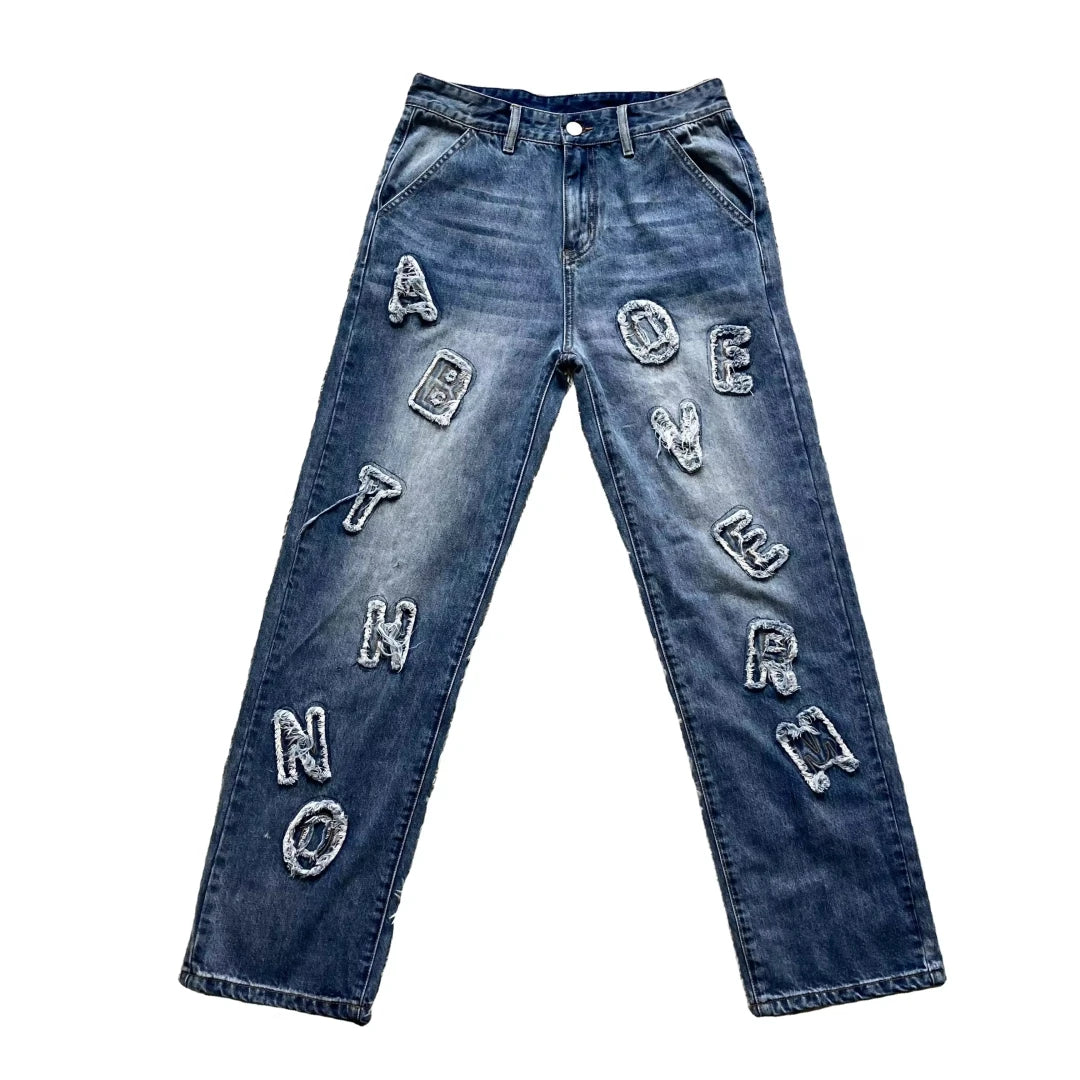 DENIMGUYS Denim Pants Man Y2K Clothes Streetwear Custom Embroidery Applique Patch Men's Straight Jeans Ropa De Hombre