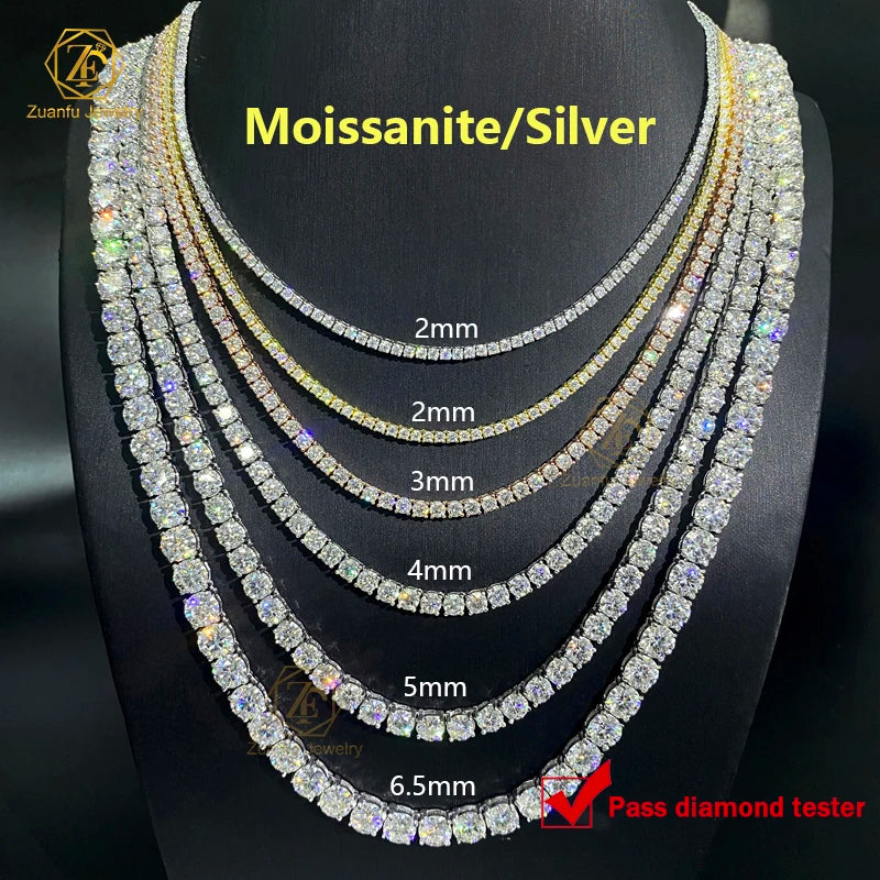 Factory VVS Moissanite Chain 925 Silver Hip Hop Jewelry 3mm 4mm 5mm Iced Out Tennis Chain Moissanite Tennis Bracelet