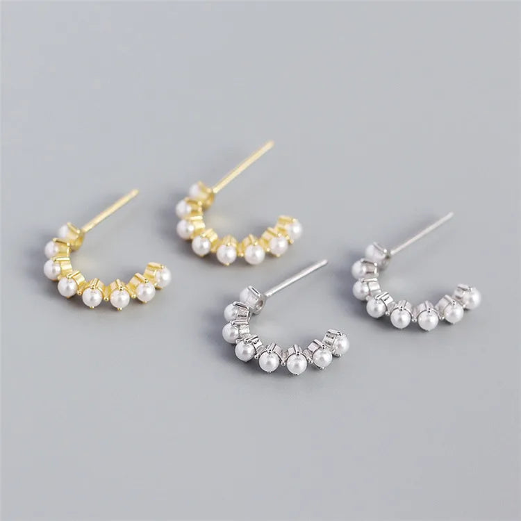 SP Elegant Style S925 Sterling Silver Made High Quality Geometric C Shaped Pearl Decoration Hoop Earrings