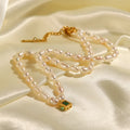 Luxury Natural Freshwater Pearl Necklace Green  Gem Square Pendant Necklace Titanium Steel Pearl Necklace Women