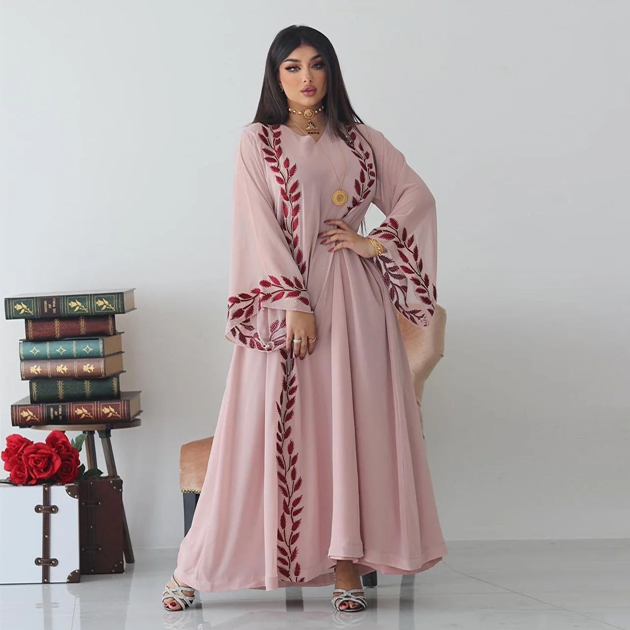 Dubai Modest Plus Size Chiffon Muslim Breathable Anti-Wrinkle Lightweight Neck Abaya Dress Headscarf Middle East Open Kimono