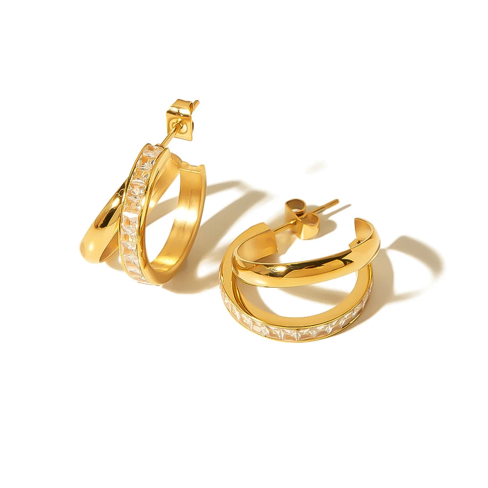 European Luxury 18K Gold Plated 316L Titanium Steel Square Diamond Hoop Earring Double Layer Cubic Zircon Circle Earring