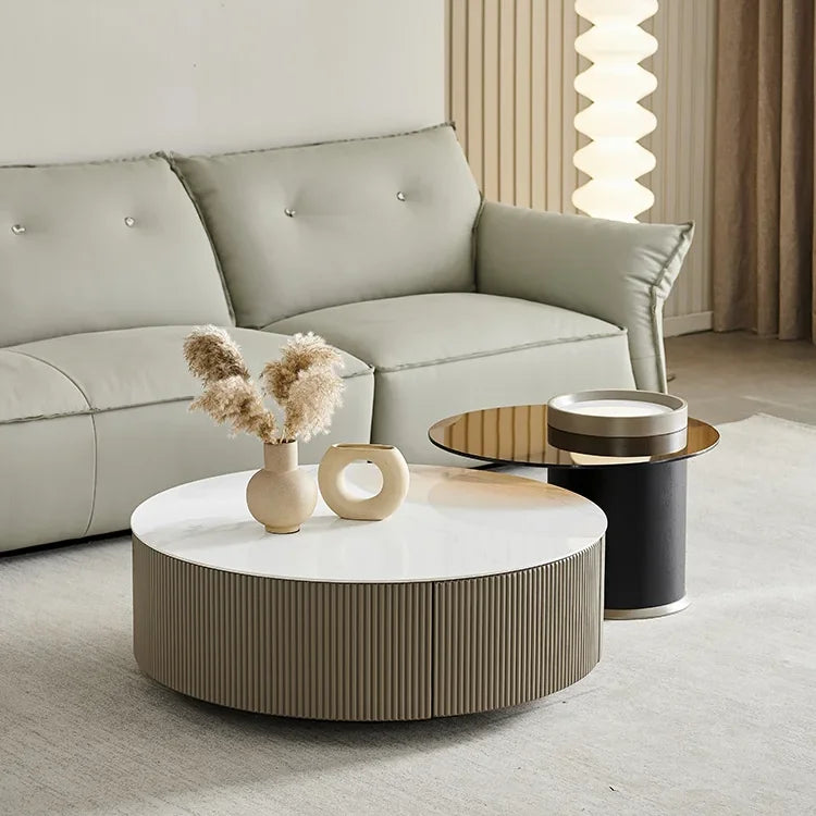 Light Luxury Round Coffee Table Stainless Steel Rock Plate Design for Large and Small Families Living Room Furniture