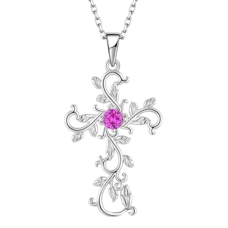Wholesale Hot Sale Jewelry Cross Purple Zircon Heart Crystal Pendant Vintage Necklace 925 Silver for Women Necklaces Fashion