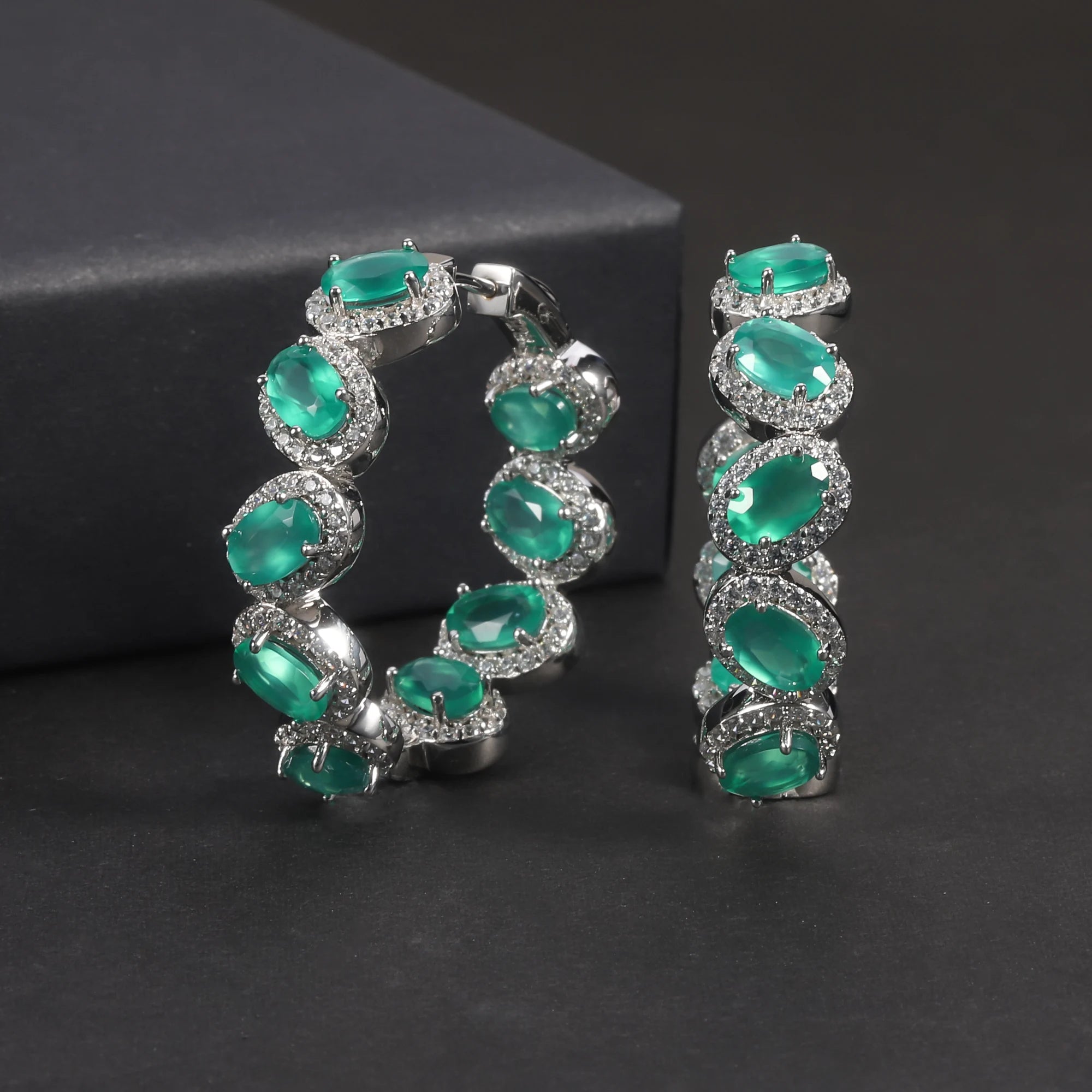 RZ0237 Abiding Jewelry Delicate Round Huggie Wholesale Oval Green Agate Natural Stone 925 Sterling Silver Earring Hoops