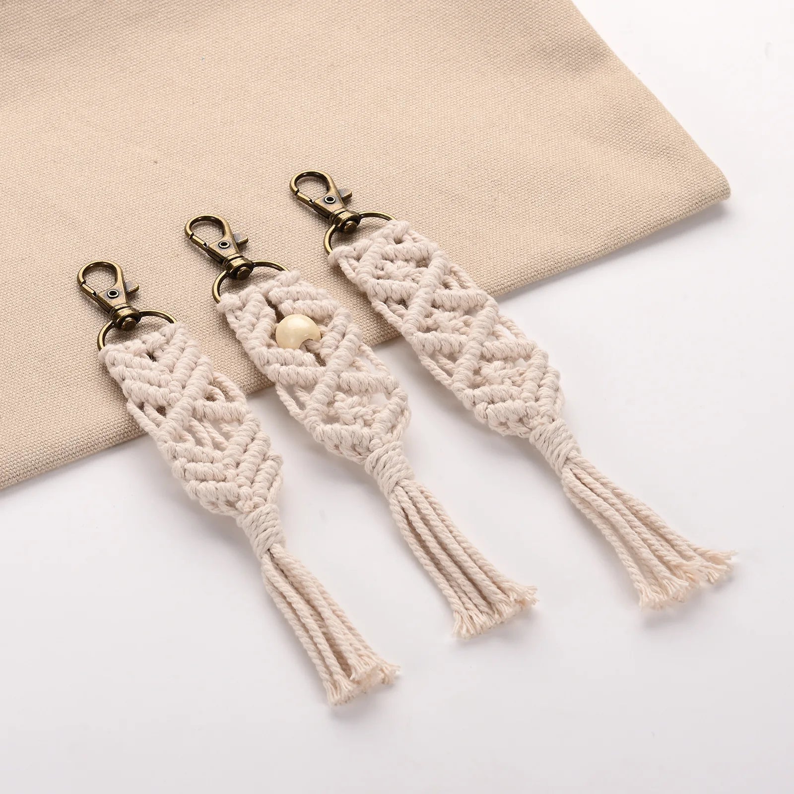 Handcrafted Cotton Rope Braided Tassel Keyring Car Key Holder Bag Charms Accessories White Macrame Keychain