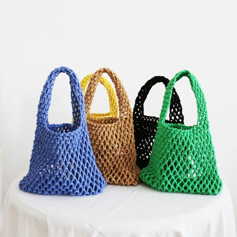 2024 New Solid Color Cotton Rope Hollowed Out Net Mesh Small Beach Bag Fashion Holiday Portable Tote Bags for Women Beach