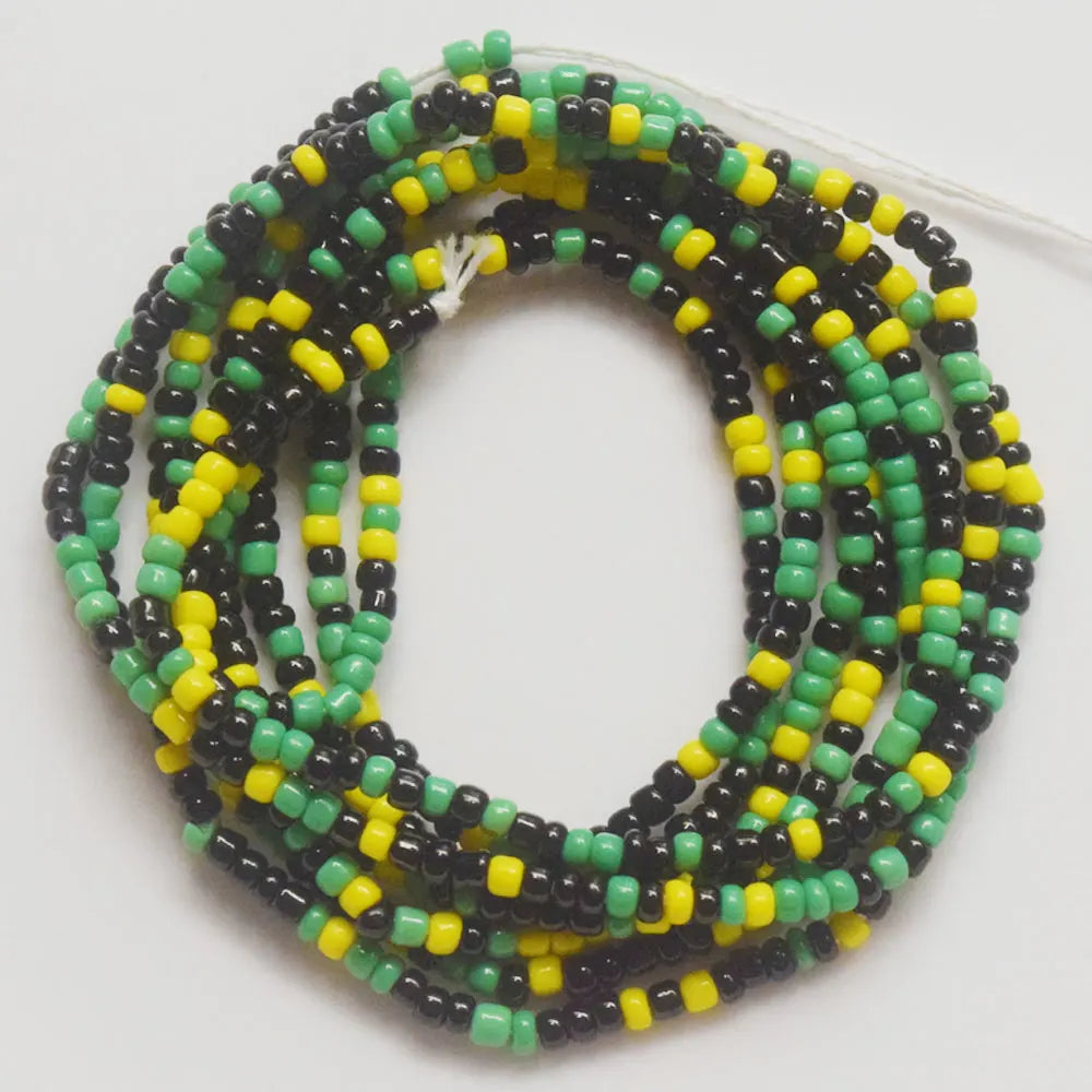 Green Black Yellow Color Flag African Mix Glass Seed Beads Tie on Waist Beads Belly Body Chain Double Cotton String for Ladies