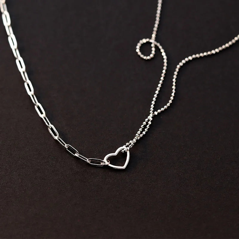 925 Sterling Silver Double Layer Asymmetric Chain Girls Necklaces Hollow Out Love Heart Pendant Necklace