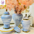 Light Luxury Handmade Blue Line Ginger Jar Creative Gold Plated Blue Planetary Pattern Ceramic Flower Vase for Table Home Decor
