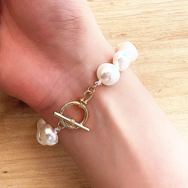 Baroque Style 18K Gold Plated Sterling Silver Irregular Pearl Bracelet