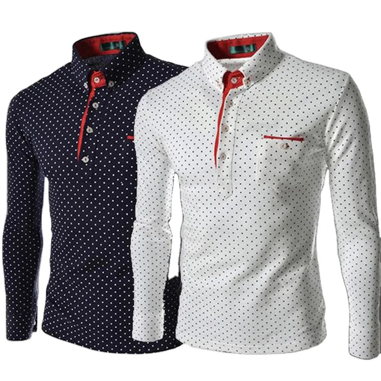 Fashion Men T-Shirt Casual Solid Color Polka Dot Print Buttons up Cotton Tee Streetwear Pullover Slim Man T Shirt