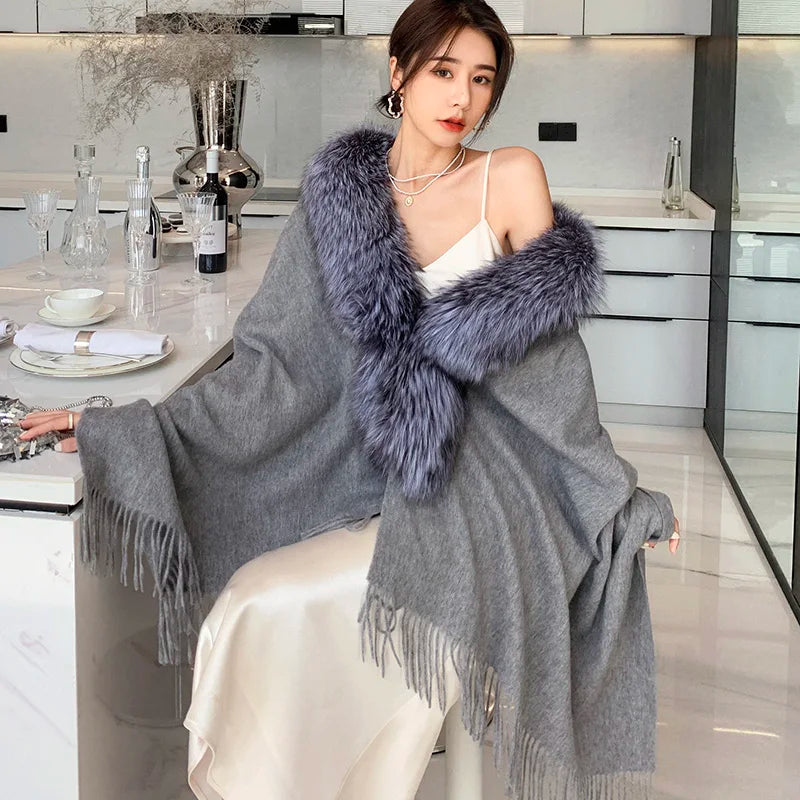 OFTBUY Winter Jacket for Women Cashmere Wool Blends Coat Real Fox Fur Collar Tassel Ponchos Warm Fashion New Outerwear Natural