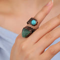 Natural Gemstone Raw Crystal Rings With Soldering Bronze Band Handmade Vintage Turquoise Fluorite Open Ring Adjustable Size