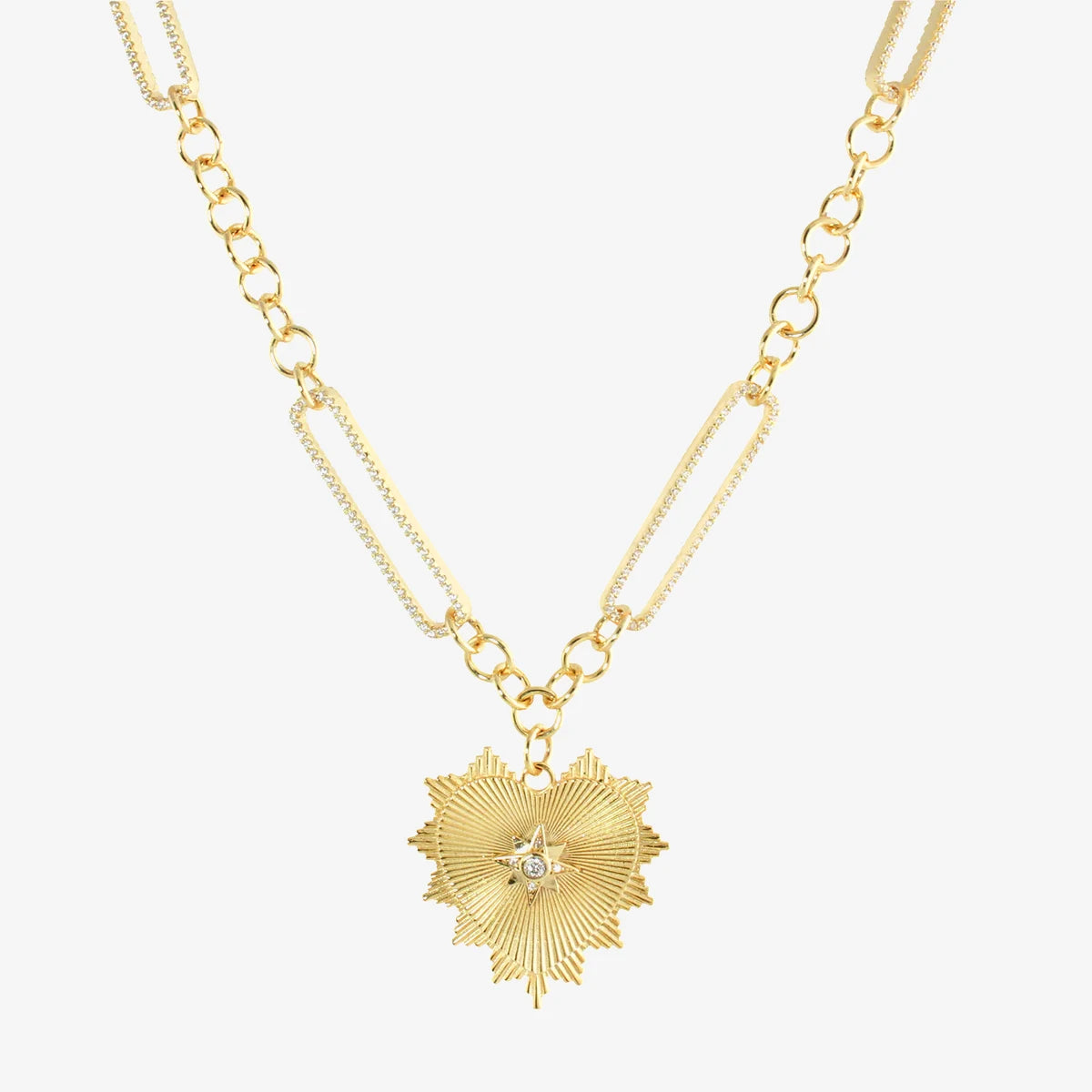 Large Fluted Starburst Pendant 925 Sterling Silver Women Jewelry CZ Gold Plated Fancy Heart Necklace