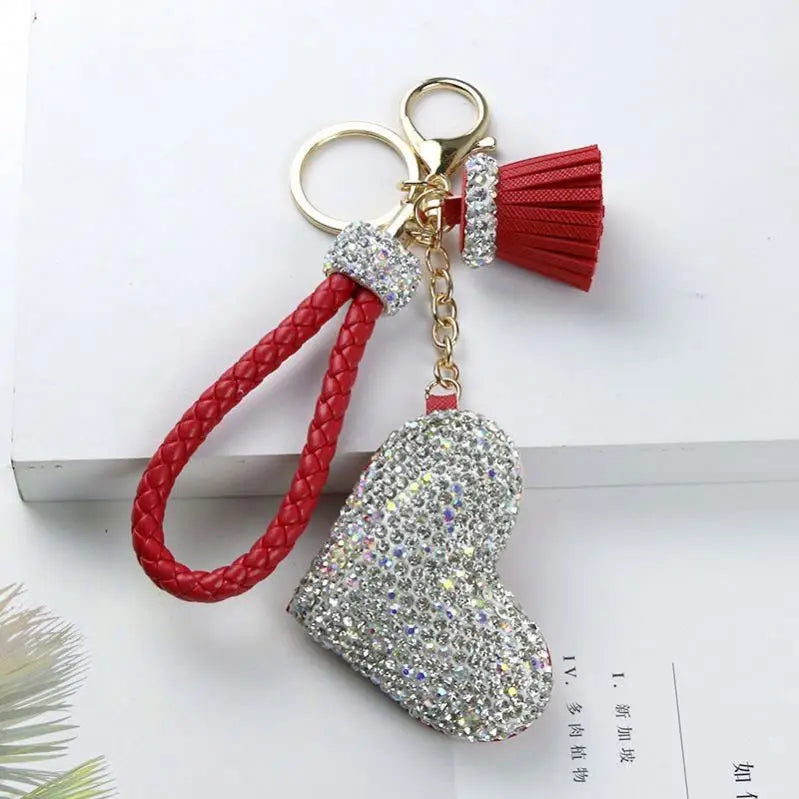 Sparkling Heart Tassel Keyring Female Cute Heart Pendant Rhinestone Heart Key Chains Bling Glitter Crystal Tassel Other KeyChain