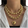 New Metal Heart Layered Ribbon and Bead Necklace Fashionable and Creative Heart Pendant Necklace for Women