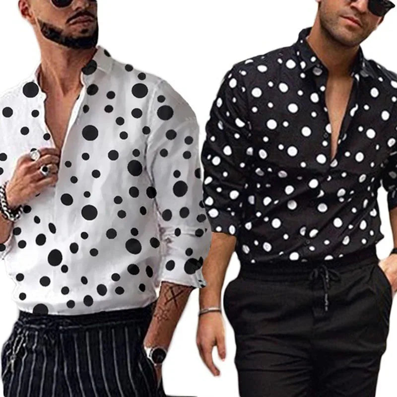 RNSHANGER Man Casual Loose Shirt Casual Fashion Polka Dot Printed Shirts Men Long Sleeve Lapel Neck Leisure Buttons Shirts