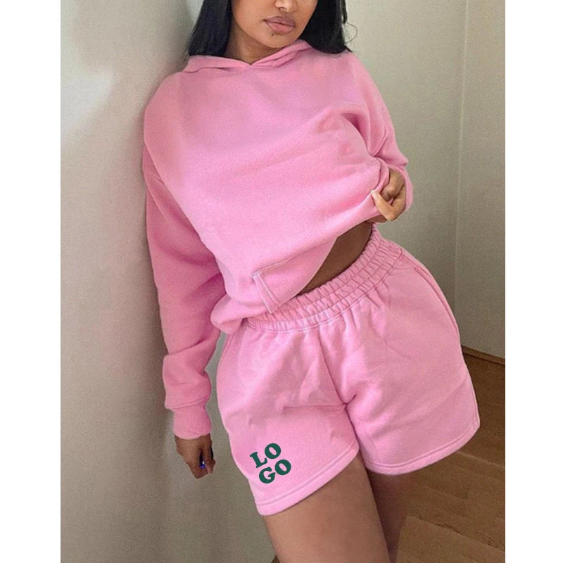 F230720 Custom 2026 Spring and Autumn Hoodie Shorts Set Fashion Sports Long-Sleeved Women Two-Piece Fleece Sweatshirt Set