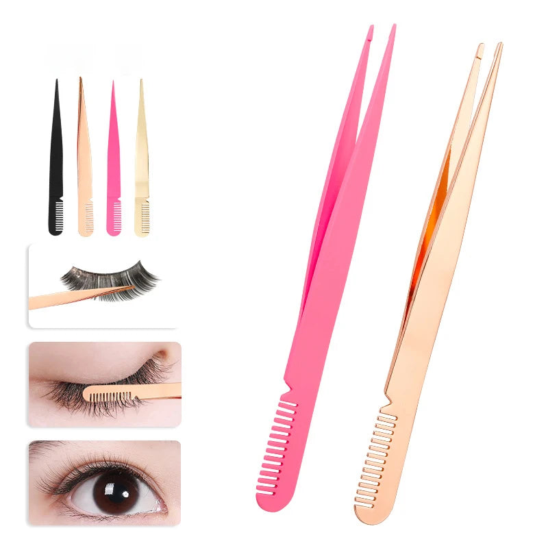 2 in 1 False Lash Applicator Tool Stainless Steel Curved Eyelash Tweezers with Brush for Cluster Lash Strip Lashes