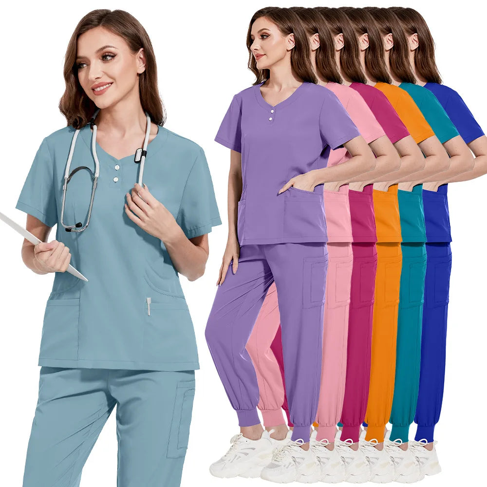 Custom Logo Surgical Hospital Doctor Nurse Scrubs Uniform Suit Fashionable Spa Beauty Technician Women Scrubs Top Pants Set