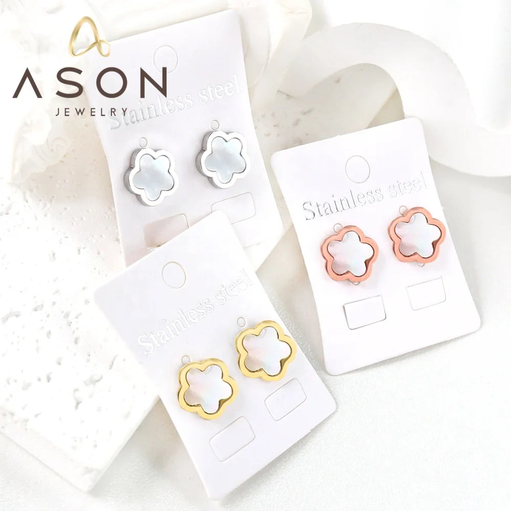 Ason Waterproof Gift Party Fashion Stud Earrings Cute Jewelry Stainless Steel Peach Blossom White Shell Stud Earrings
