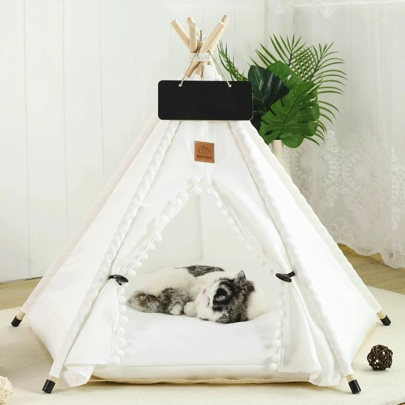 Printed Linen & Wood cat House Eco-Friendly Portable Pet Tent with Floors and Bed Removable Washable for Cats