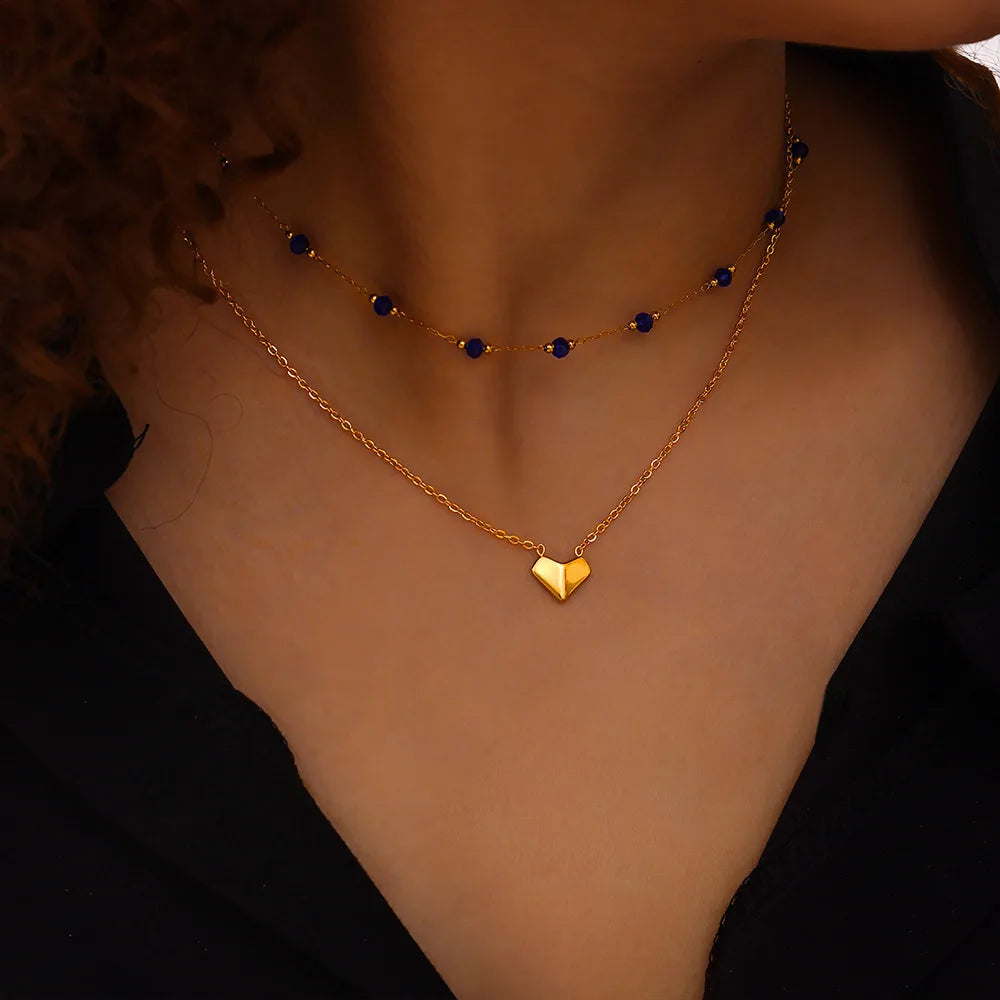 Personality Heart Pendant Necklace Navy Crystal Beads Chain Two Layer Fashion Stainless Steel 18K Gold Plated Necklace for Women