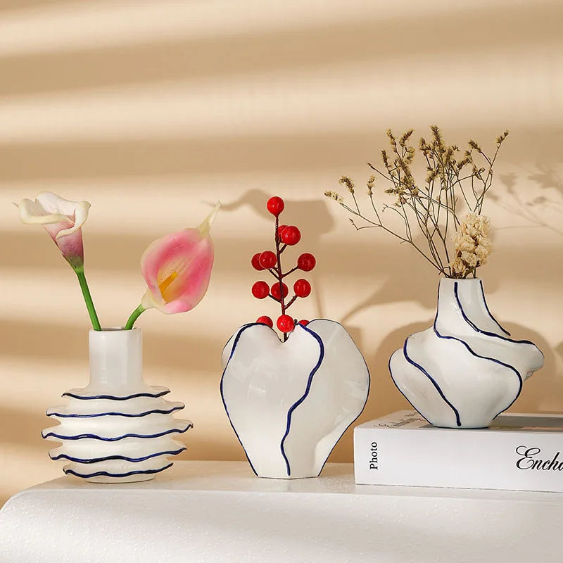 Modern Scandinavian Striped Ceramic Decorative Vase for Indoor Tabletop Creative Living Room Dried Flowers Vase