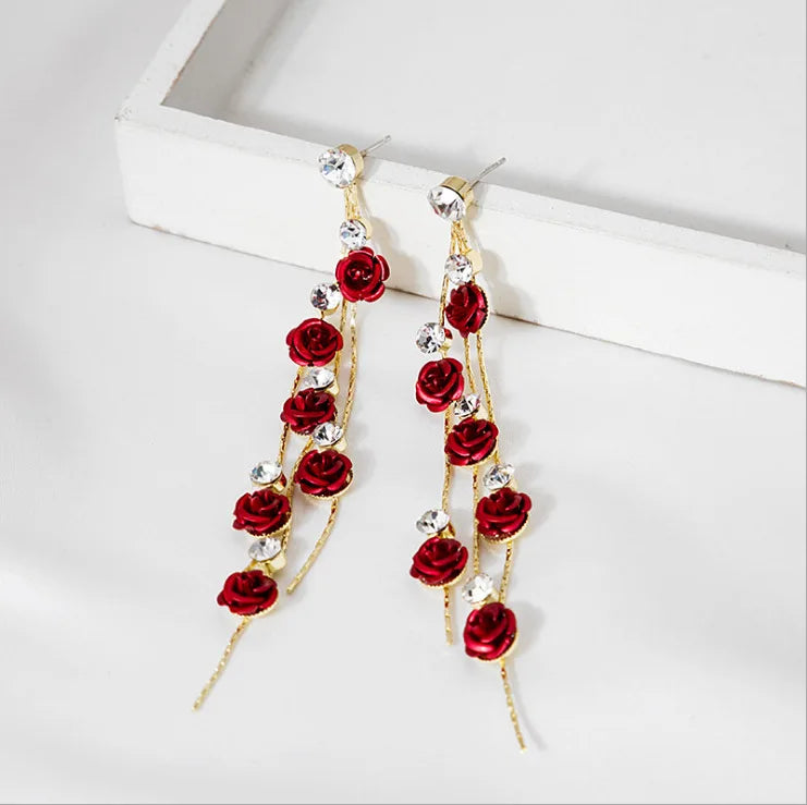 2025 Hot Sale Tassel Rhinestone Earrings Gold Plated Rose Flower Earrings for Women's Jewelry