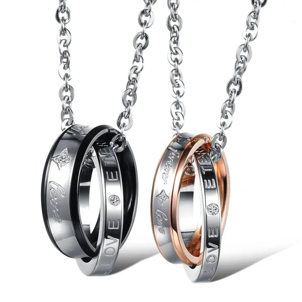 Fashion Couple Forever Circle Round 2 Rings Pendant Necklaces for Women Men Stainless Steel Link Chain Necklace Designer Jewelry