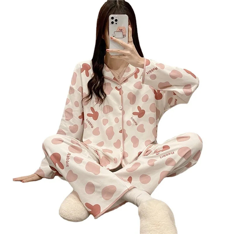 Women's Milk Silk Cardigan Long Sleeve Lapel Pajamas Thin Rabbit Printed Housewear Suit