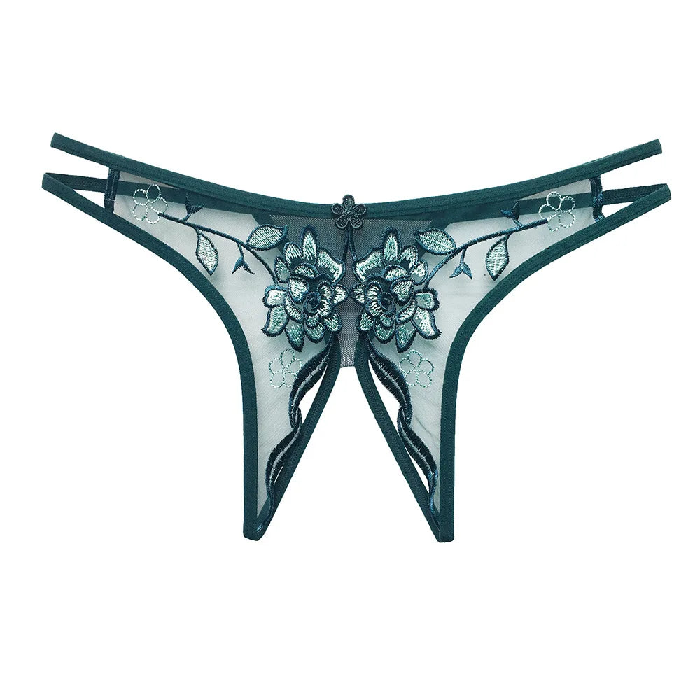 HD203 Transparent Mesh Embroidered Hot Underwear Women's Hollow Open Crotch Free off T-shaped Panties