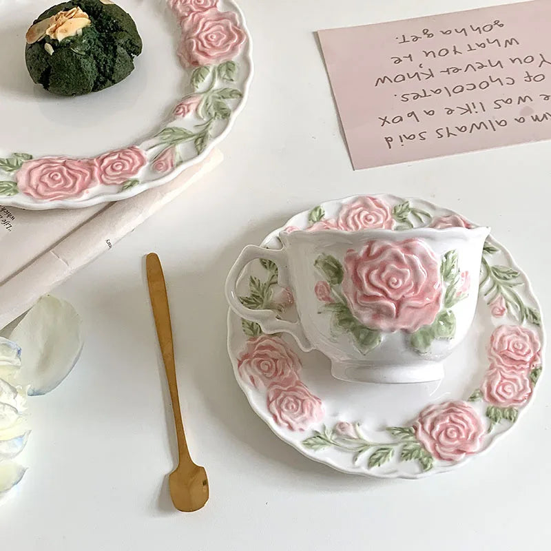 Ins Style Rose Relief Coffee Cup and Saucer pink Underglaze Color Tableware Set Version
