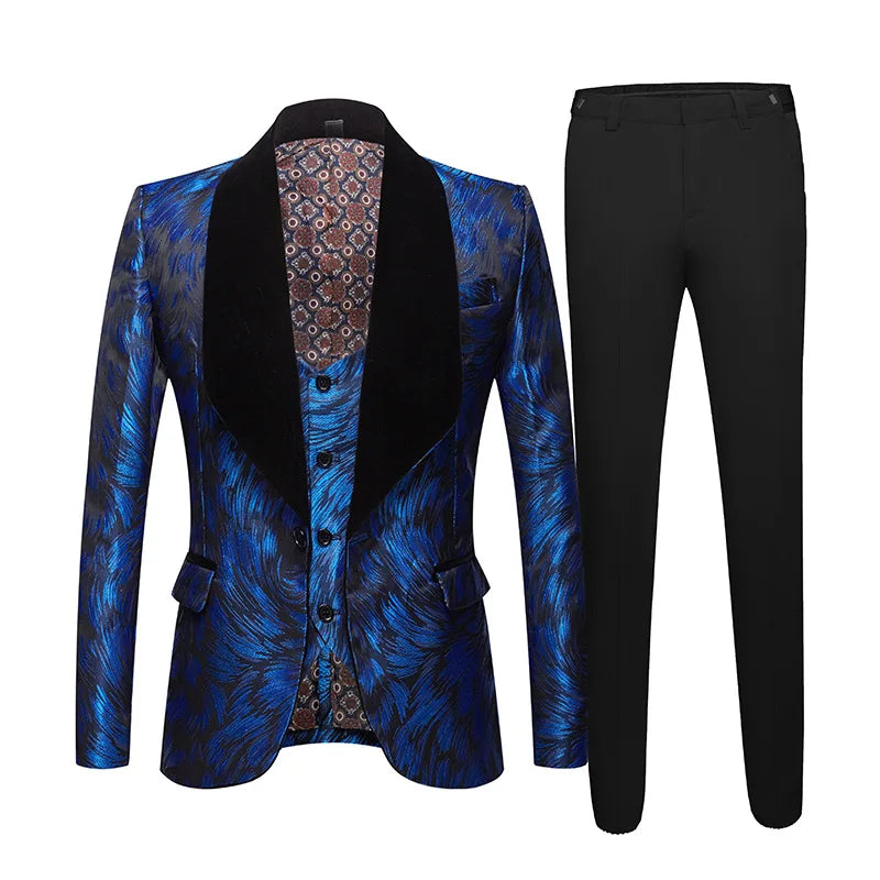 XS-XXL Men's New Jacquard Large Black Collar Blue Fruit Collar Suit Three-piece Party Host Singer Clothing Set