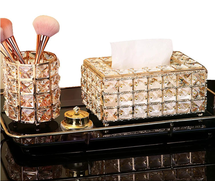 QIAN HU Top Selling Crystal Rhinestone Metal Rose Gold Living Room Tissue Holder Paper Storage Box