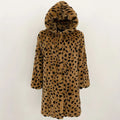 OFTBUY Women's Elegant Mid-Length Rabbit Fur Coat Autumn Winter Leopard Print Casual Jacket Warm Thick with Short Hood