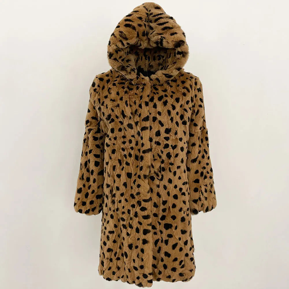OFTBUY Women's Elegant Mid-Length Rabbit Fur Coat Autumn Winter Leopard Print Casual Jacket Warm Thick with Short Hood