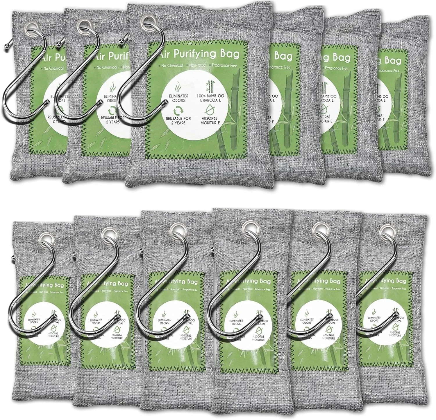 12-Pack Natural Bamboo Air Purifying Activated Charcoal Bags 6x50g 6x150g Odor Moisture Absorber for Car Home Shoes Deodorizer
