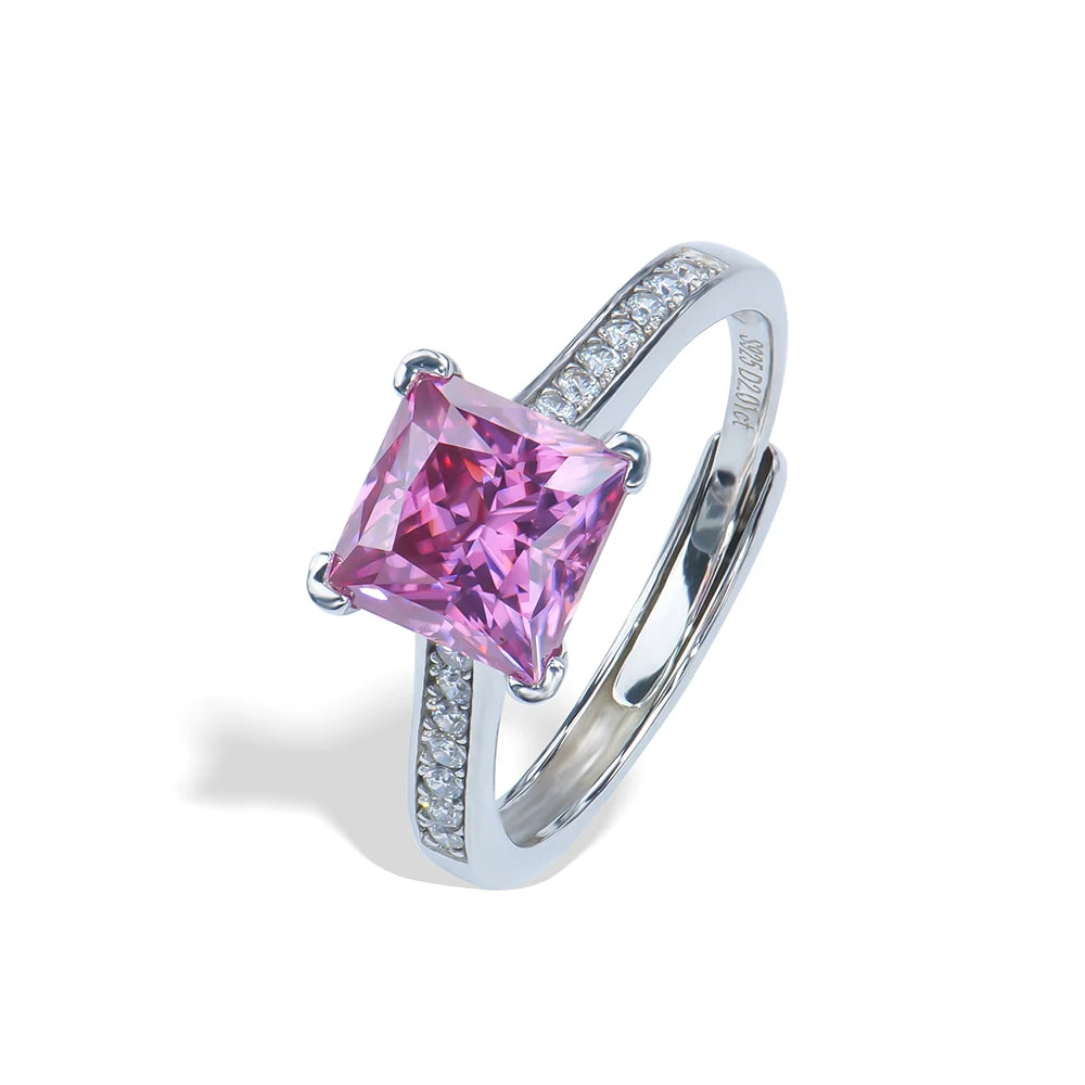 7x7mm 2carat White Gold Plated 925 Sterling Silver Colorful Wedding Adjustable pink Princess Cut Moissanite Diamond Ring