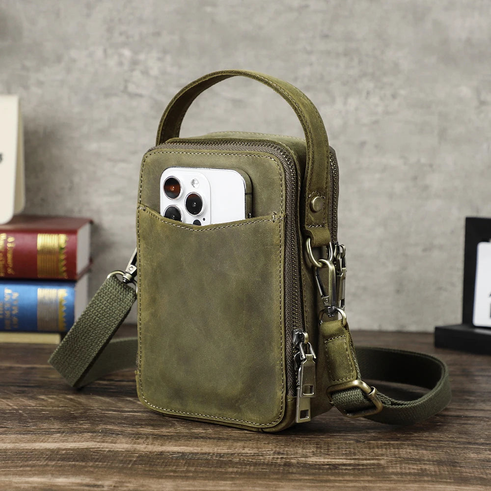 Casual Double-Zippered Crazy Horse Leather Sling Phone Bag Crossbody Mens Small Shoulder Handbag Phone Purse Luxury