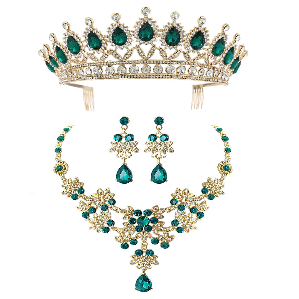 Women Vintage Tiaras Earring Necklace Set Bridal Engagement Party Wedding Link Chain Hair Accessories Fashion Jewelry