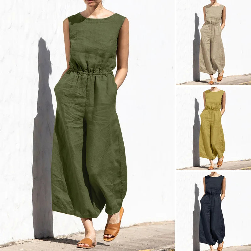Wholesale 2026 Summer Solid Color High Waist Sleeveless Fashion Casual Loose Style Women's Jumpsuit