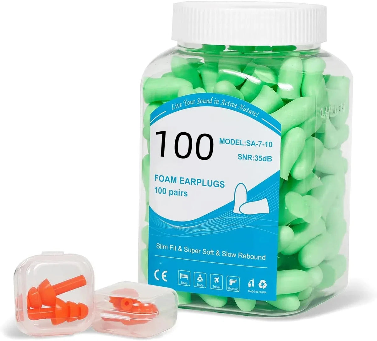 100 Pairs Foam Earplugs Noise Cancelling Hearing Protection 38dB Reusable Soft Ear Plugs for Sleeping Shooting Working Reading MegaBDM