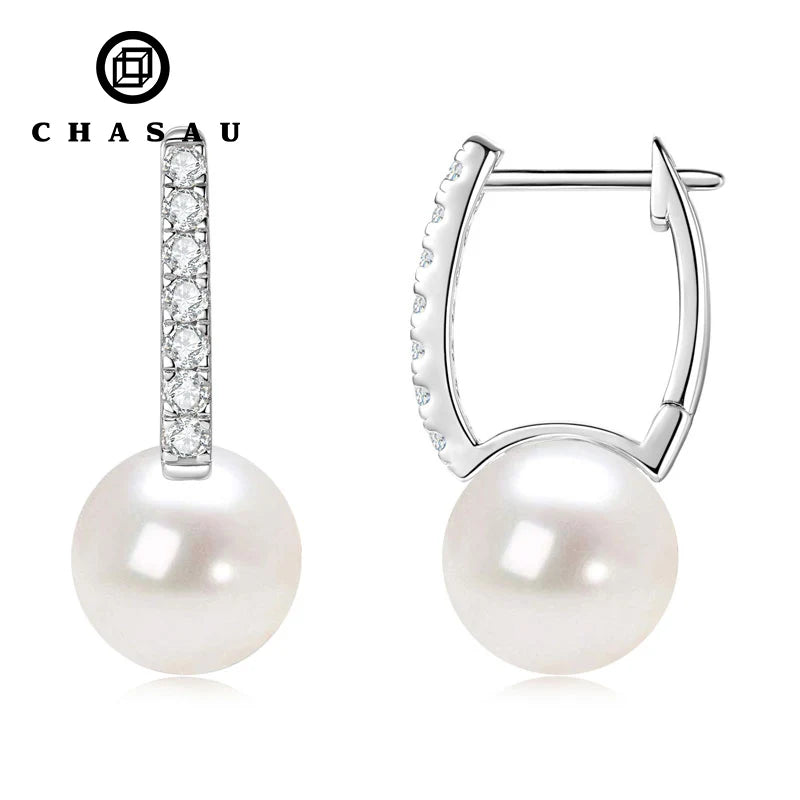 Moissanite Sidestone 925 Sterling Silver Moissanite Hoop 9-10mm Natural Freshwater Pearl Drop Earring for Women