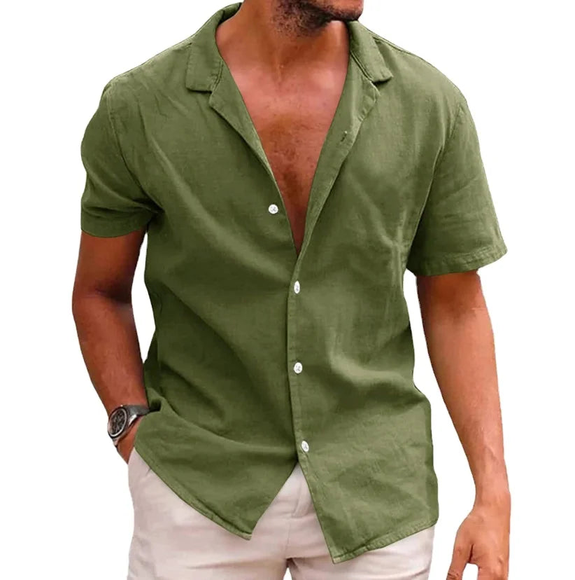 Men's Summer Cotton Linen Shirt Large Size XL Short-Sleeved Solid Button Loose Fit Plus Size Shirt
