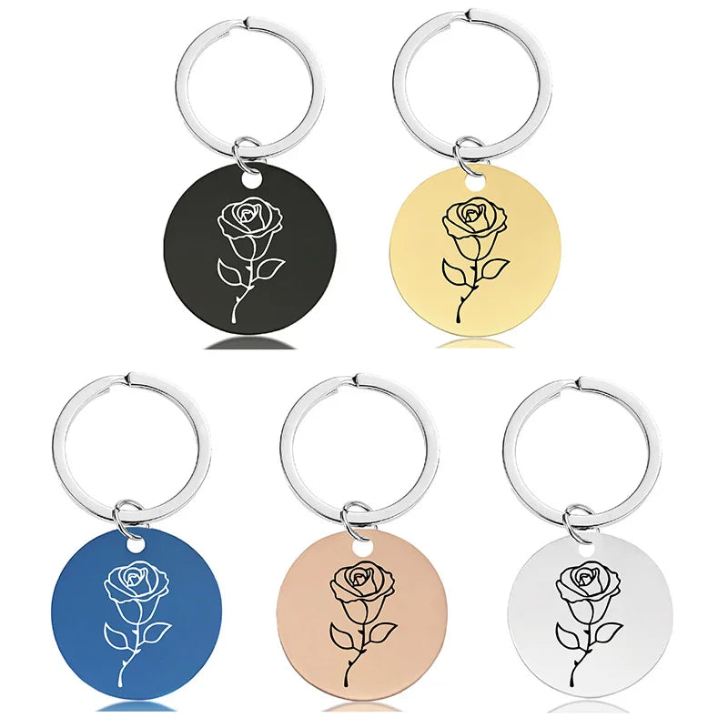 Stainless Steel Custom Birthday Flower Key Chain Engraved Personalized Engagement Wedding Anniversary Birthday Gift Key Rings