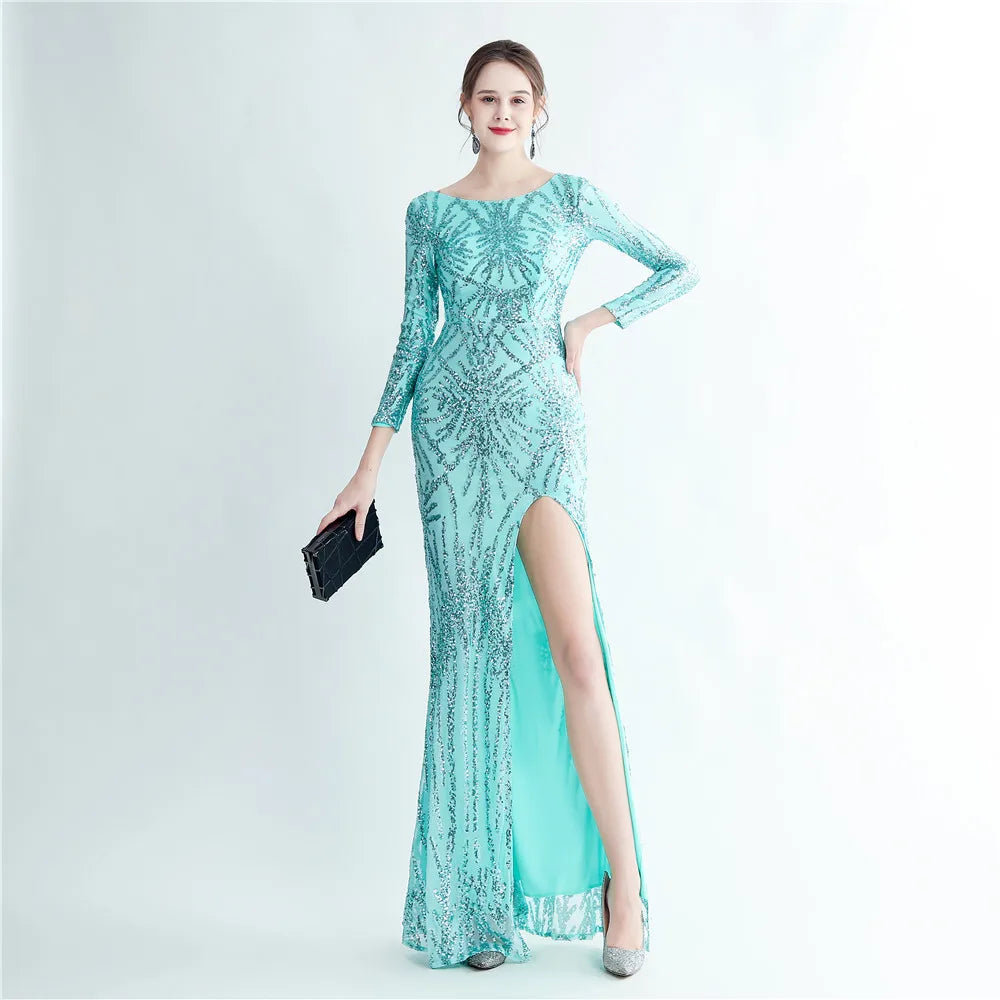 19966# Europe and the United States New Sequin Long Sleeve Test Slit High-end Evening Dress