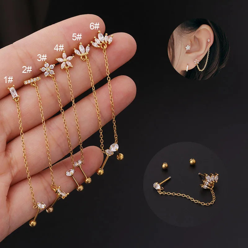 Stainless Steel Zirconia Flower Stud Earrings for Women Waterproof Gold Plated Double Studs Chain Tassel Piercing Earring